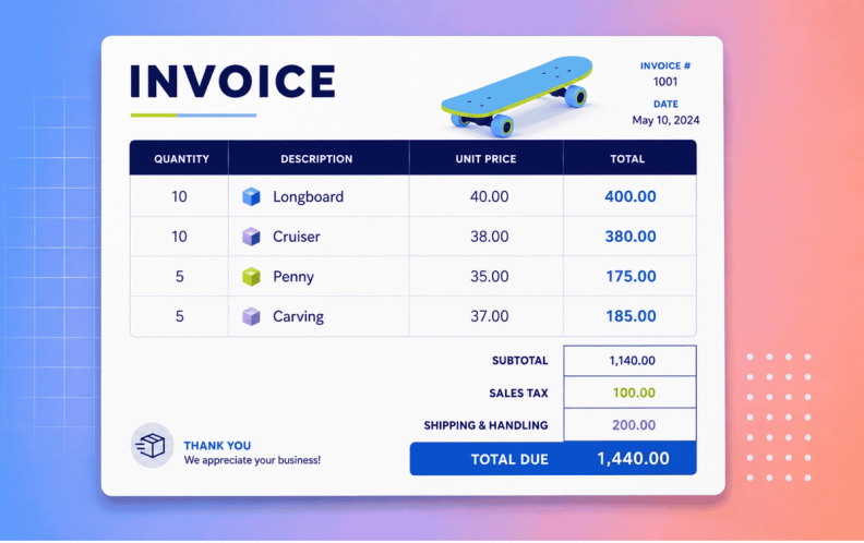 Retail skateboard business itemized invoice