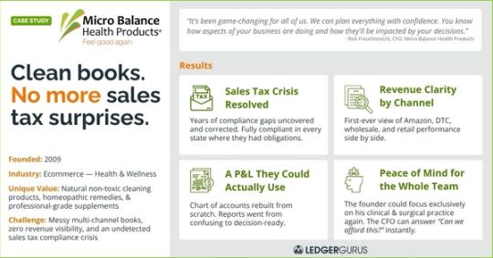 Micro Balance Health Products case study on one page: the CFO's quote, four results and company facts